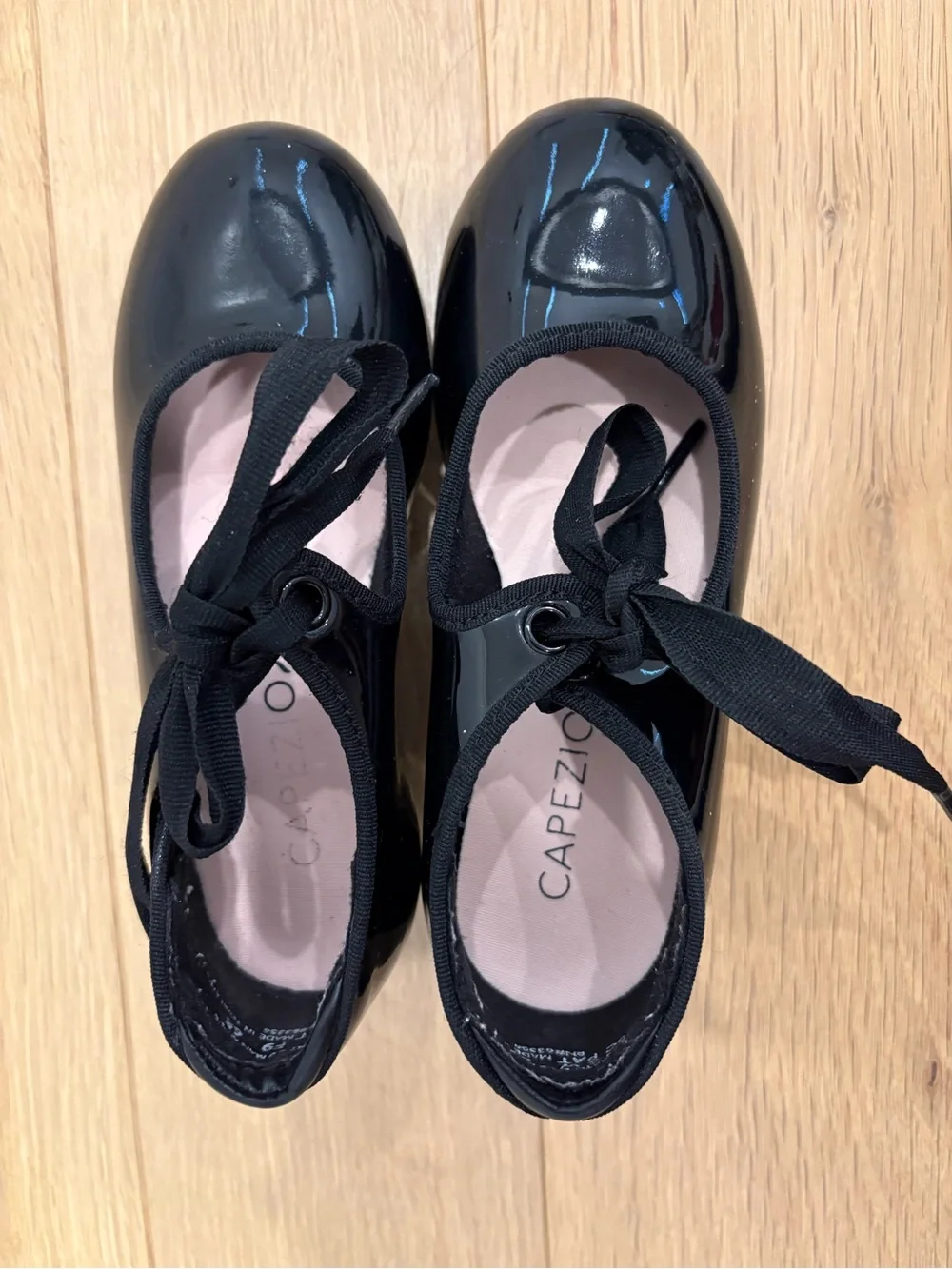 Capezio Black Patent Tap Shoes with Elastic and Ribbon Tie
